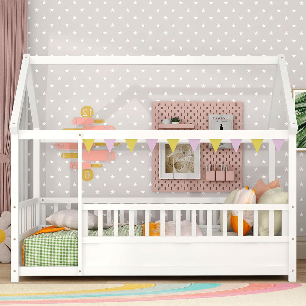 Kids Montessori Bed Twin Size, Twin Floor Bed with High Fence, House Beds for Kids, Girls, Boys, Wood Montessori
