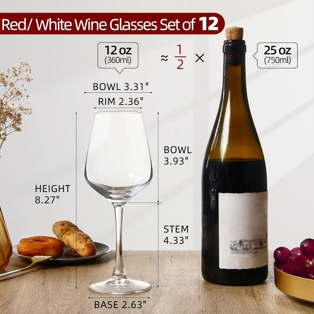 Wine Glasses Set of 12, 12oz Clear Red/White Wine Cup, Long Stem Wine Glasses and Home