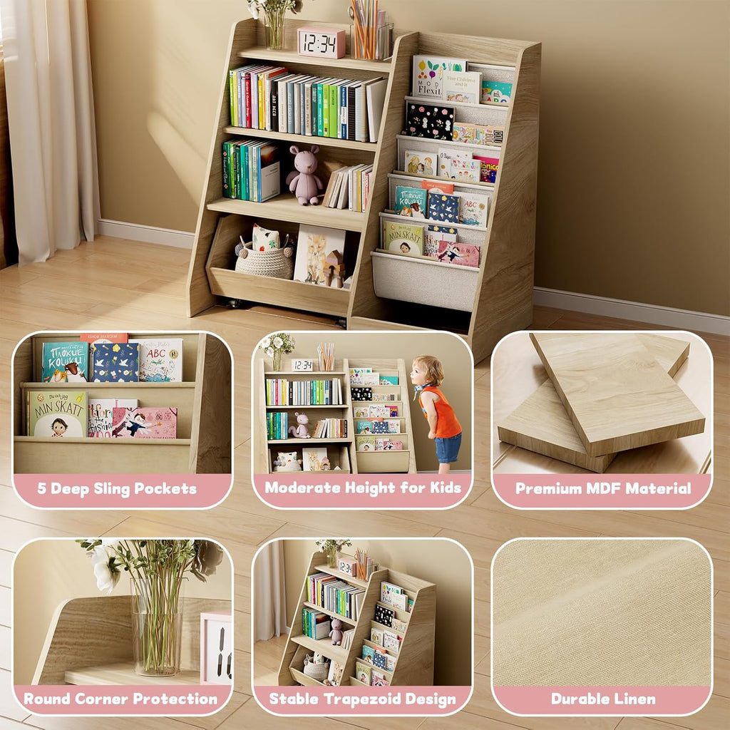 Kids Bookshelf and Toy Storage, 4 Tier Toddler Bookshelf with Movable Drawer (Oak)