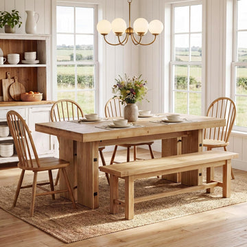 63-Inch Dining Table, Farmhouse Solid Wood Kitchen Table for 6 People, Rectangle Dinner Desks with Pedestal Base for