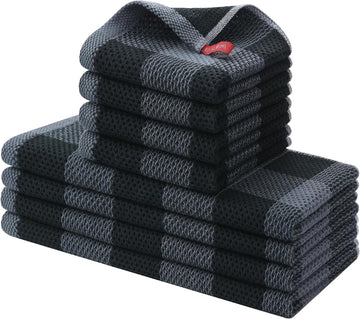Kitchen Towels and Dishcloths Set, Set of 8, Black & Grey | Bulk Cotton Waffle Weave Check Plaid Kitchen Towels