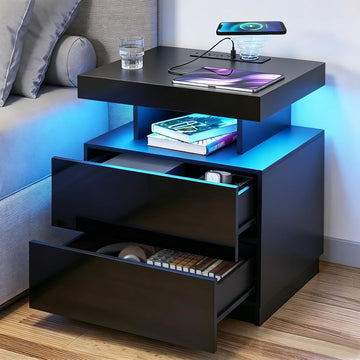 Nightstand with Charging Station and LED Light, Smart Nightstand with USB Port & Wireless Charging, Modern Night