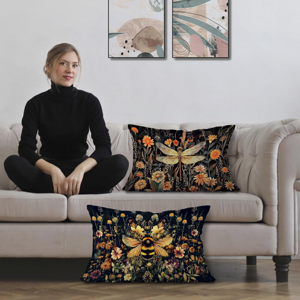 Moody Vintage Dragonfly Bee Floral Pillow Covers 12x20 Set of 2, Dark Cottagecore Botanical Wildflower Dragonfly