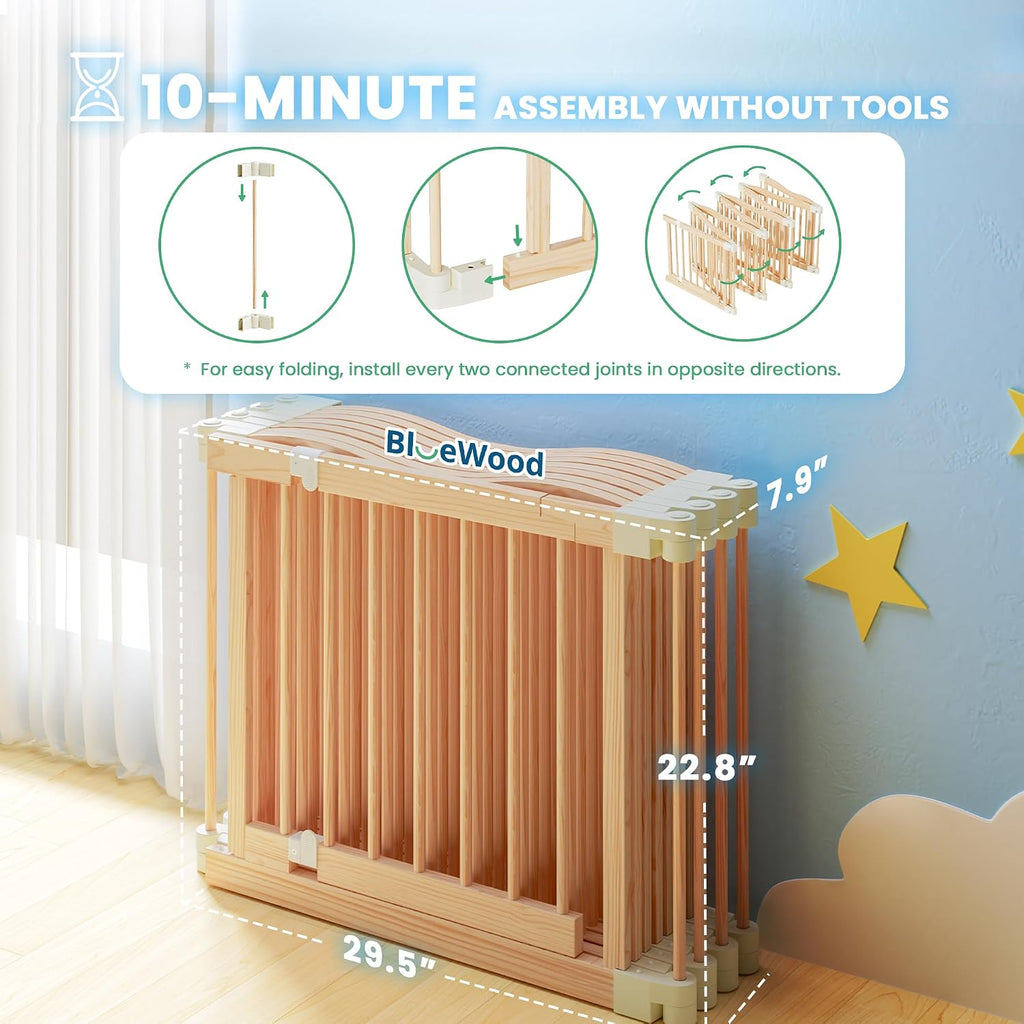 Foldable Wooden Playpen - Adjustable Wood Baby Play Yard with Child-Proof Lock, 12 Panels