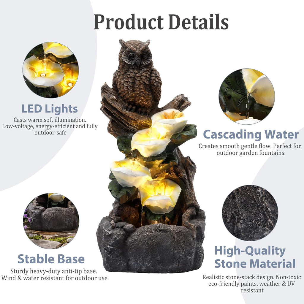 28.3" Tall Outdoor Water Fountain, 5 Tier Cascading Bowls and Stacked Water Fountain with LED Lights Décor, and Deck