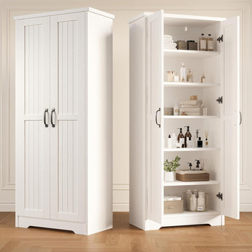 70" Tall Storage Cabinet, Large Wood Storage Pantry Cabinet with 6 Adjustable Shelves & 2 Doors, Standing Utility