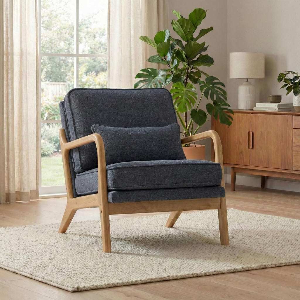 Modern Accent Chair Mid Century Wooden Upholstered Armchair with Lumbar Pillow & Removable Soft Cushion, Reading