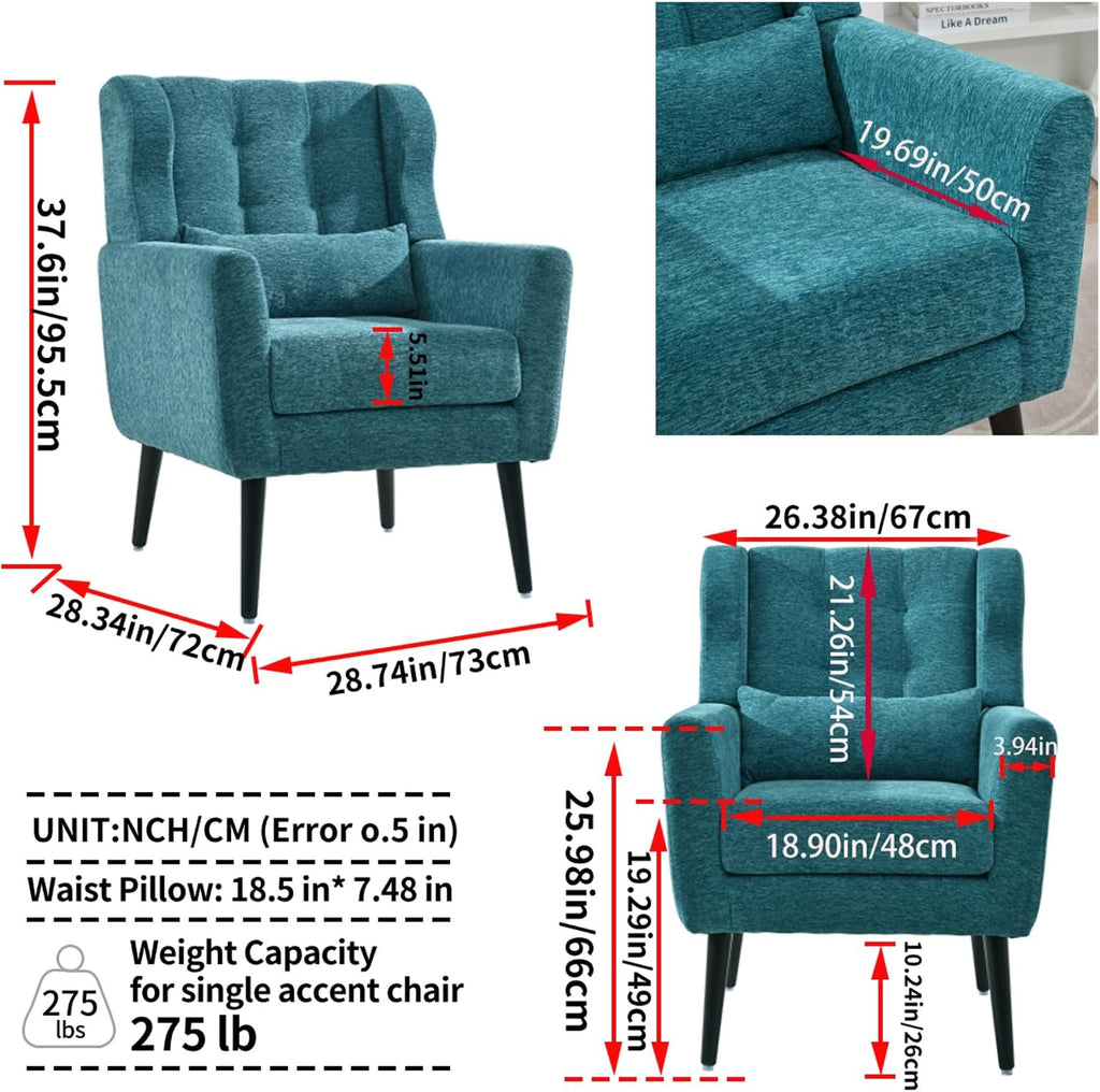 Modern Accent Chair Chenille Armchair with Pillow, Upholstered Arm Chairs with Solid Wood Legs, Soft Padded Lounge