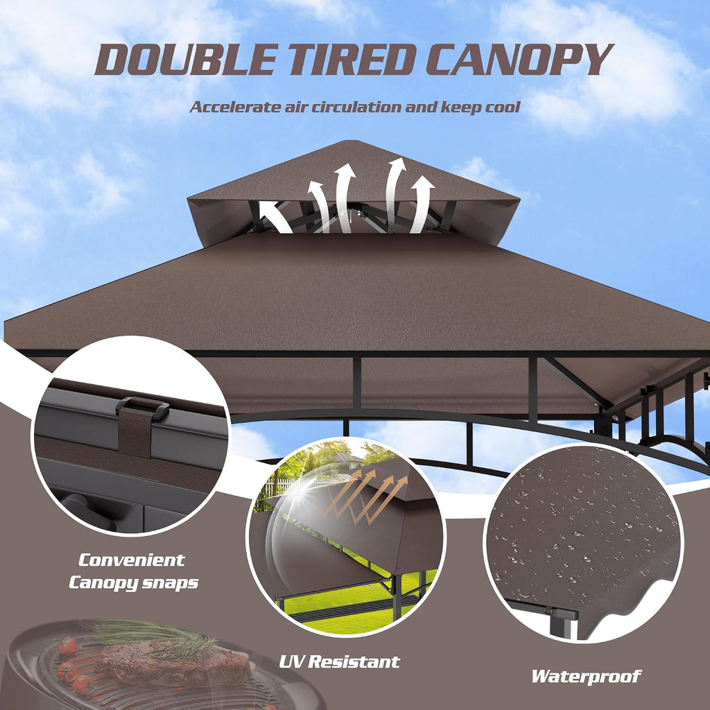 8'X8' Grill Gazebo Canopy - Heavy Duty Steel Frame, Double Tiered Grill Canopy Grill W/Shelves, Ceiling Hooks