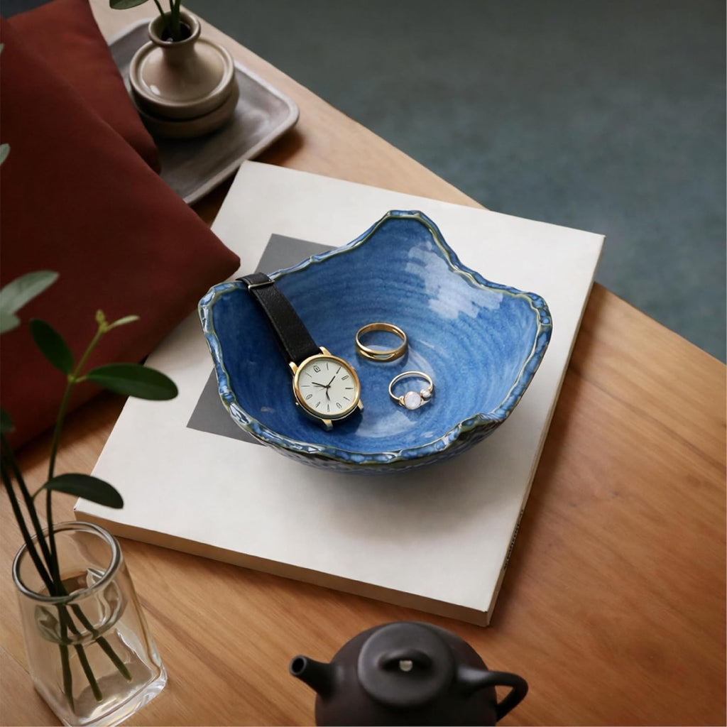 8.6 Inch Ceramic Decorative Bowl with Irregular Wavy Rim and Dynamic Reactive Glaze (Blue)