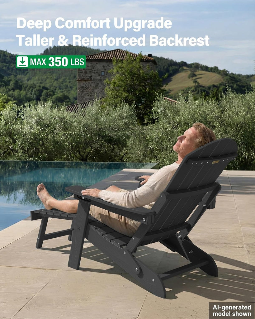 Adjustable Adirondack Chair with Footrest,All-Weather, Black | 5-Level Adjustable Backrest, Folding Fire Pit Chairs