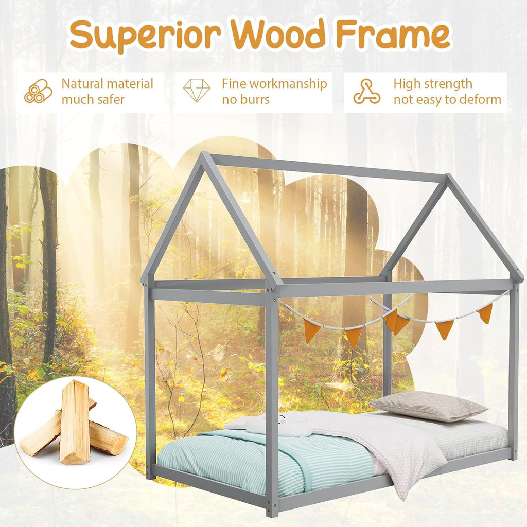 Tw Bed, Wood Montessori Bed Frame with House Roof Canopy, Low Floor Bed with Sturdy Wood Slat Support, No Box Spring