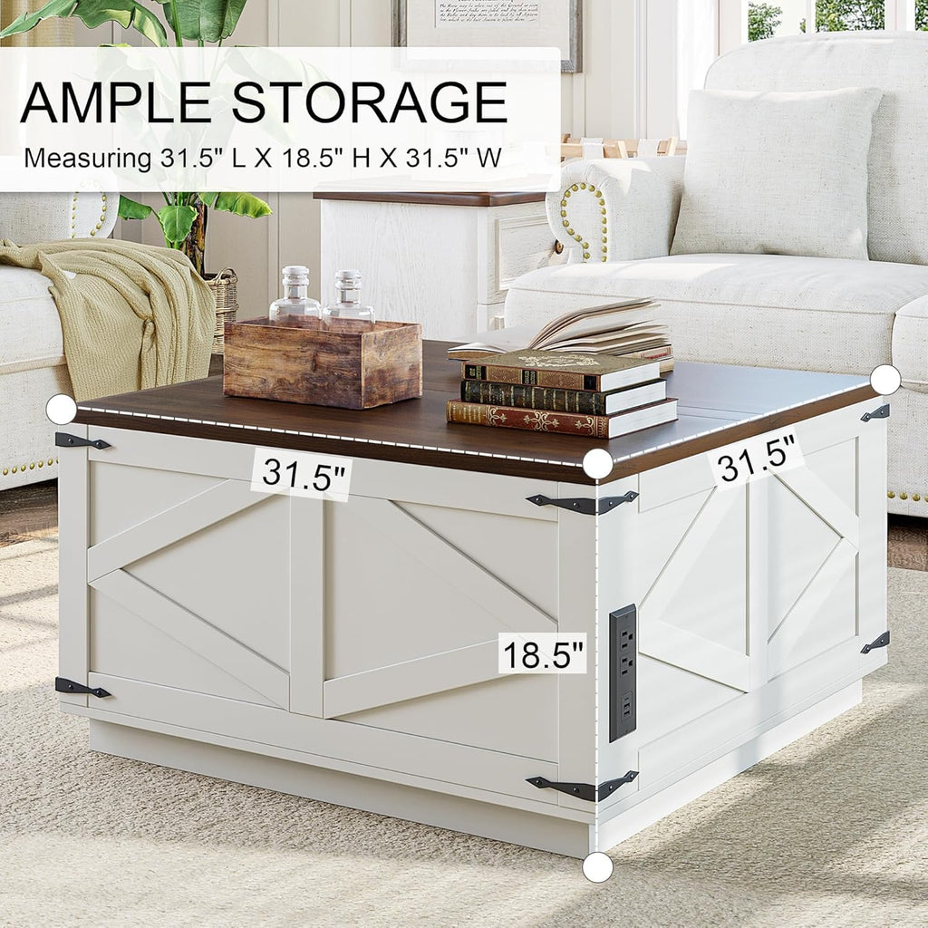 Farmhouse Lift Top Coffee Table, Square Wood Center Table with LED Lighting, USB-C Charging Station
