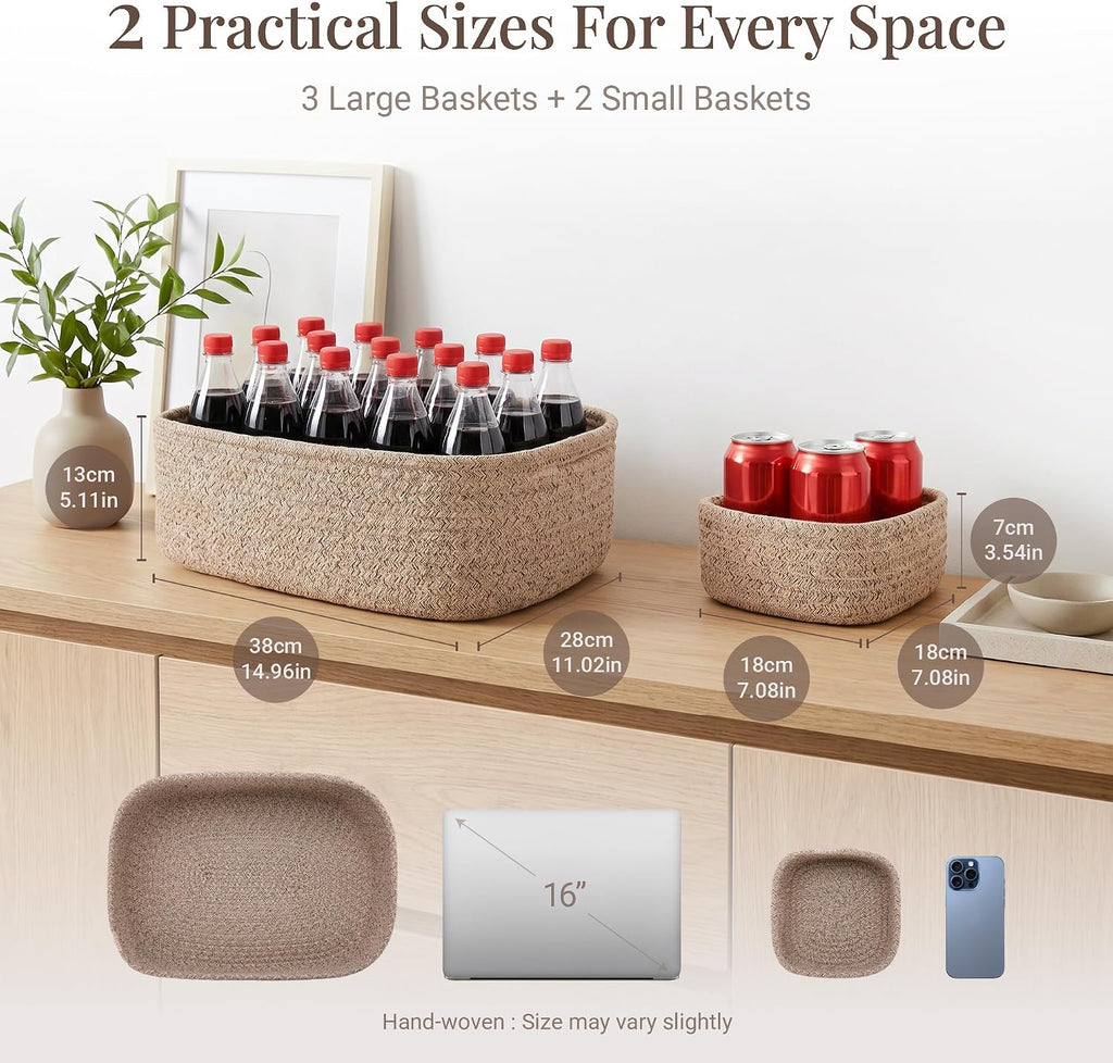 5-Pack Large Woven Rope Storage Baskets, 2 Sizes Organizer Bins | Fabric Cube Boxes and Rectangular Shallow Bins for