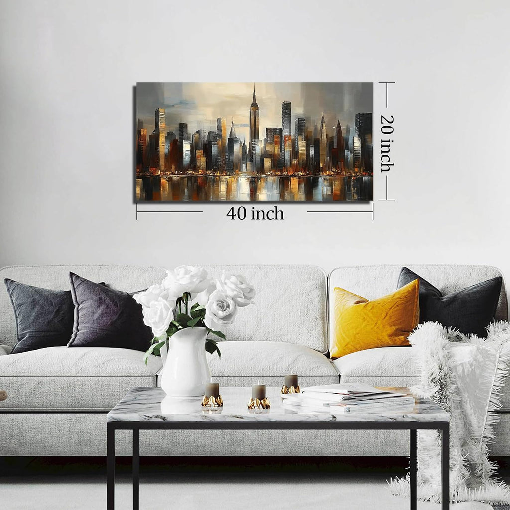 City Wall Art , Gold and Grey Wall-Decor , Modern Cityscape Poster Canvas Print