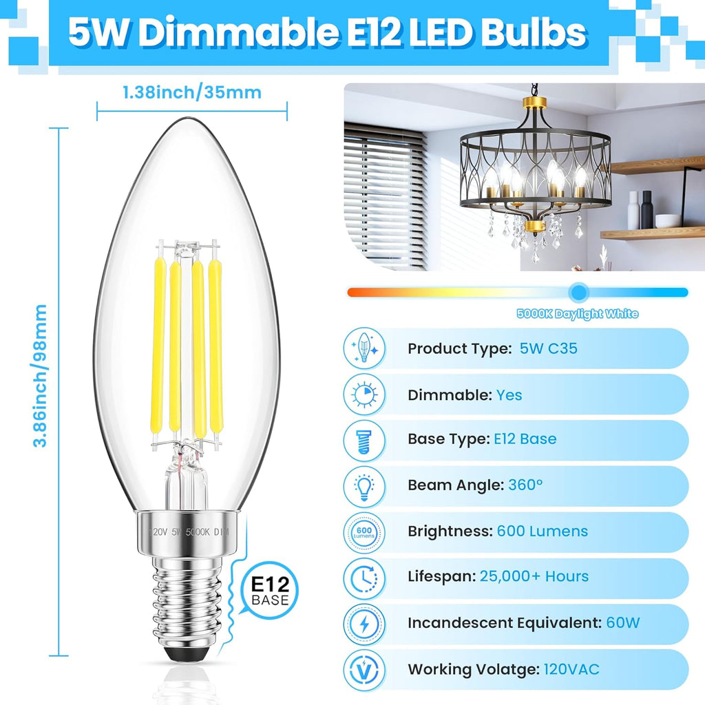 E12 Candelabra LED Bulb 60W Equivalent, 600LM Dimmable Chandelier Light Bulbs, 5000K Daylight White, 85+ CRI Candle