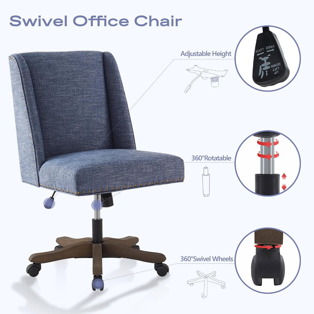 Armless Home with Wooden Legs, Modern Adjustable Upholstered Office Desk Chair No Arms Computer Chair Swivel Chair
