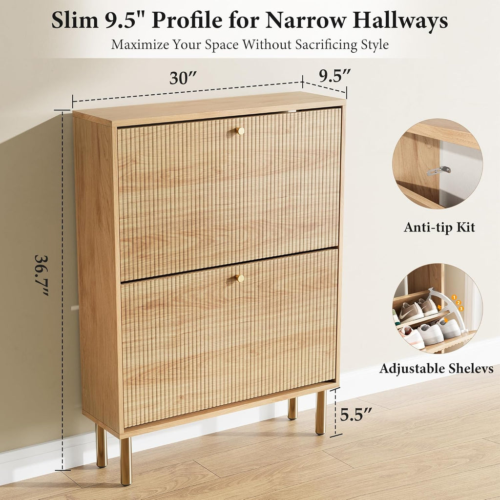 Shoe Storage Cabinet - Flip Shoe Cabinet with Tiered Fluted Design - Slim Shoe Storage Rack with Gold Legs - Narrow