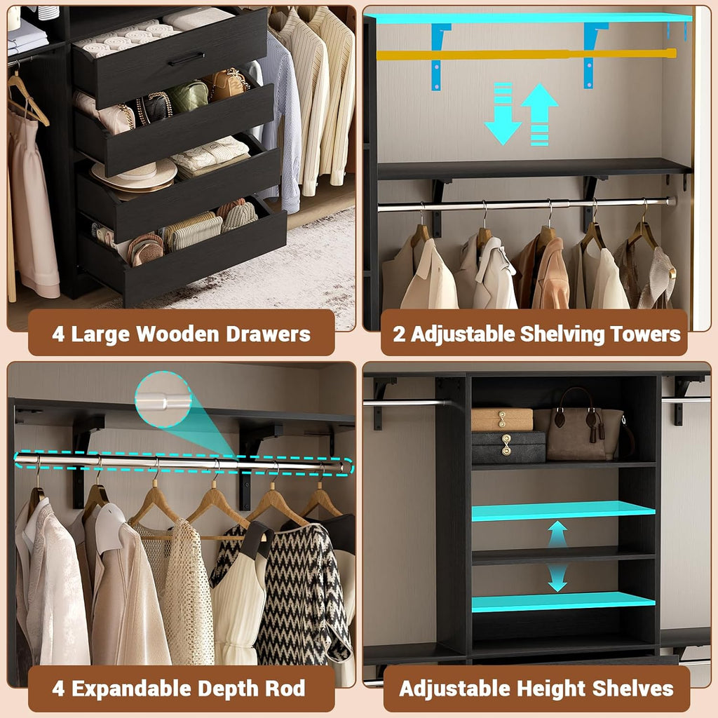 Closet System with 4 Drawers, 8FT Wood Closet Organizer System, 96'' Walk-in Closet Wardrobe with Tower, 4 Hang Rods