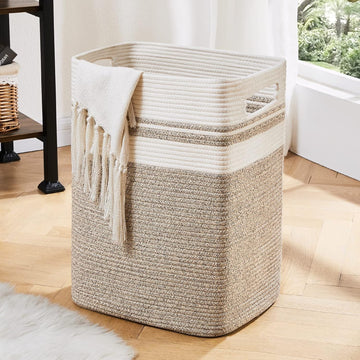Laundry Hamper-Laundry Basket,Tall Cotton Storage Basket with Handles,Decorative Blanket Basket ,Collapsible Large