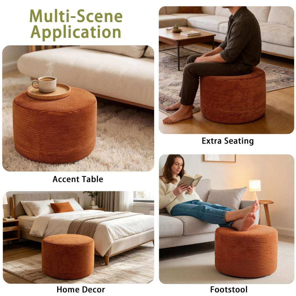 Round Ottoman Pouf, Corduroy Foot Rest Stool, 20x14In, Burnt Orange