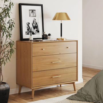 Harper Mid Century Modern Dresser, Solid Wood Dresser with 3 Drawers and Metal Drawer Pulls, Light Acacia