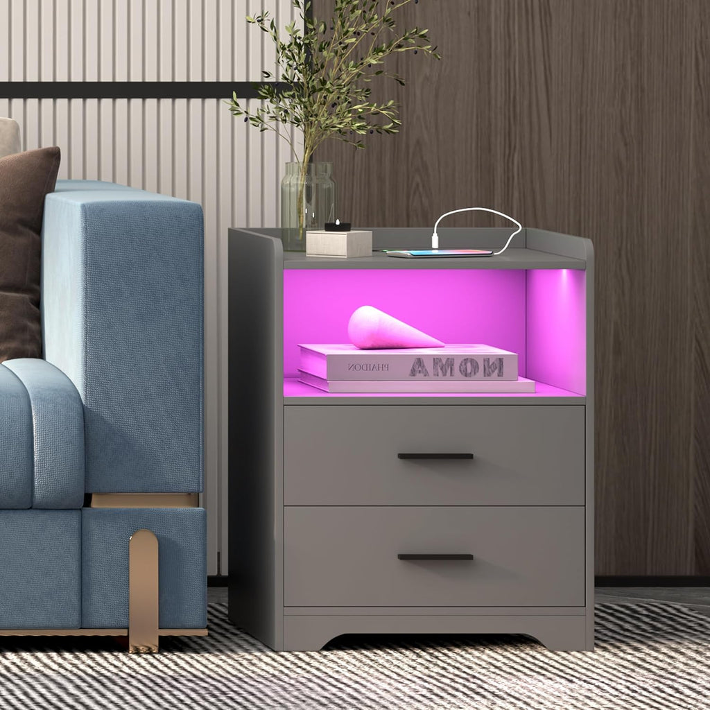 Grey Night Stand with Wireless Charging Station, Nightstand with 2 Drawers, Smart Bedside Table with 24-Color RGB