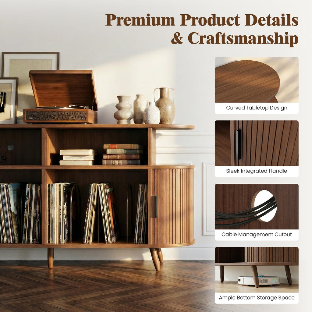 Large Record Player Stand with Storage, Media Stereo Shelf Charging, Walnut