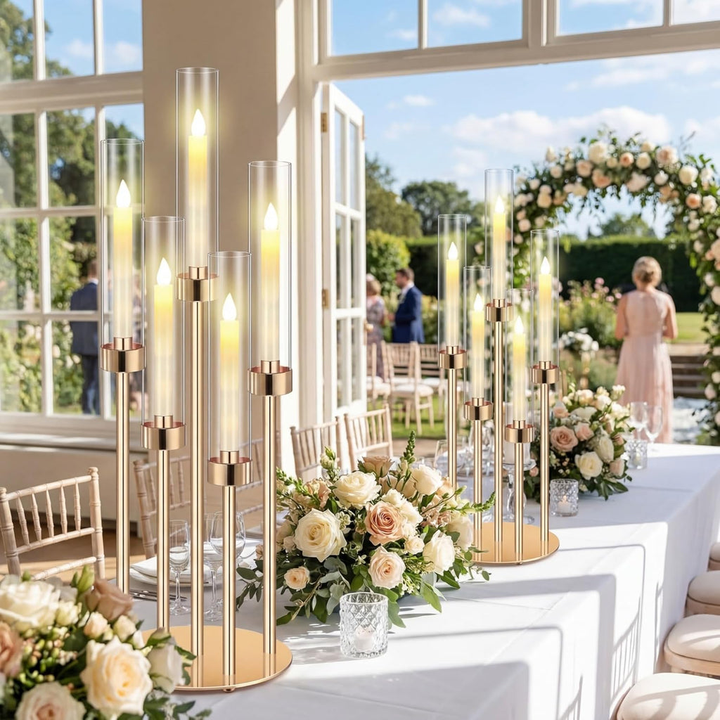 8 Set Gold Candelabra Centerpieces for Tables, 26.8 Inch 5 Arm Candle Holders with LED Candles and Acrylic Cylinders