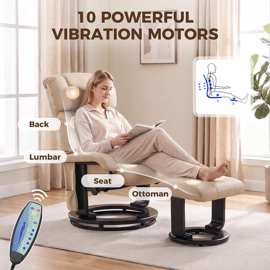 Modern Reclining Swivel Lounge Chair and Ottoman — Beige PU Leather