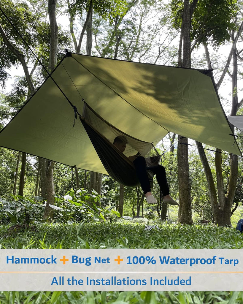 Hammock Camping with Rain Fly Tarp and Net, Portable Camping Hammock Double Tree Hammock Outdoor Indoor Backpacking