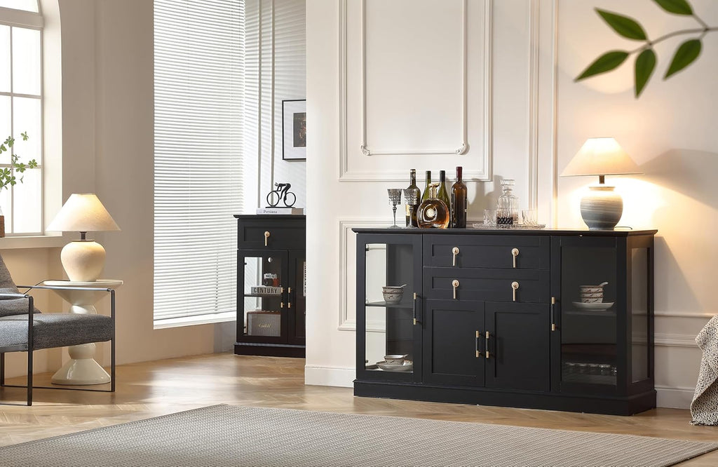 58.27'' Buffet Cabinet with 2 Drawers,LED and Adjustable Shelves,Large Glass Door Coffee Bar Cabinet with Storage,Modern Farmhouse Sideboard Credenza for Kitchen,Green