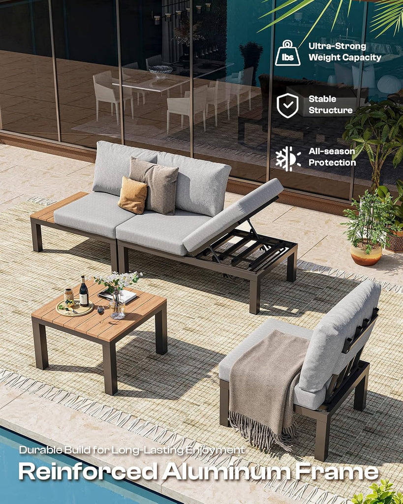 Aluminum Modular Outdoor Patio Furniture Set, 6 Seats Sectional Sofa Set with Adjustable Backrest & Thick Cushions