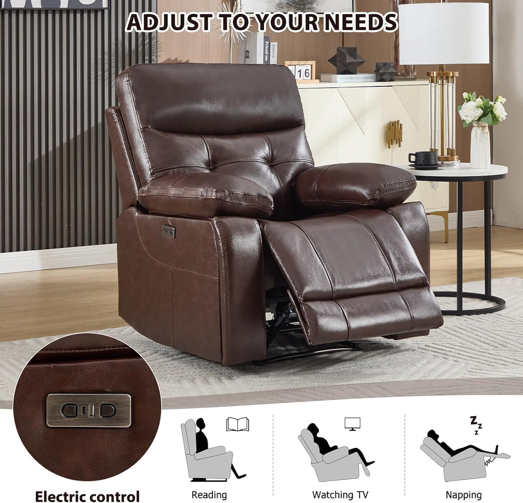 Genuine Leather Recliner Chair, Power Single Reclining Sofa with Comfortable Arms and Back, Modern Electric Recliner
