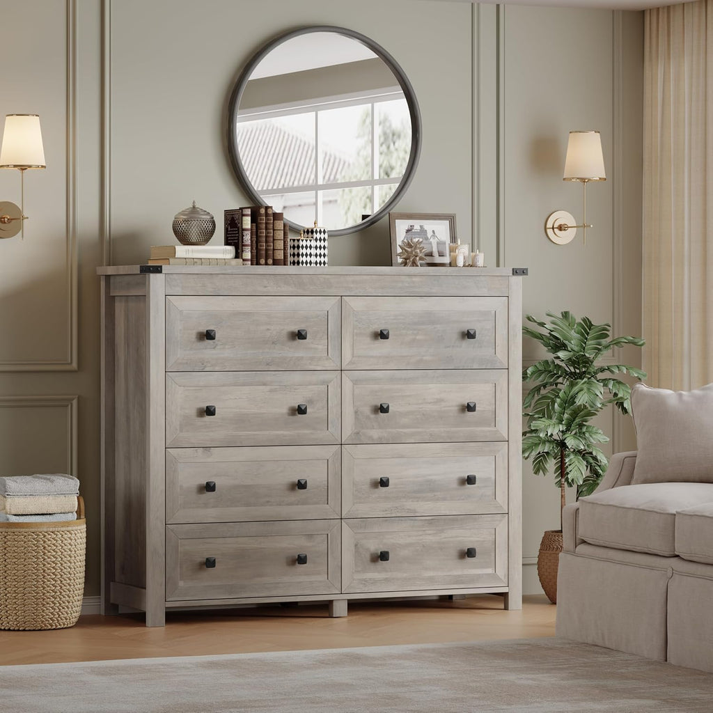 Tall 8-Drawer Dresser, Modern Wooden Storage Chest of Drawers, Dresser TV Stand, Wood Drawer Organizer with Metal