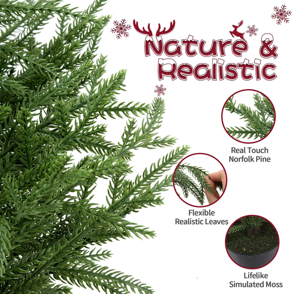 4FT Prelit Norfolk Pine Christmas Tree Real Touch Artificial Cedar Tree with 80LED Lights & 8-Function Plug-in Potted
