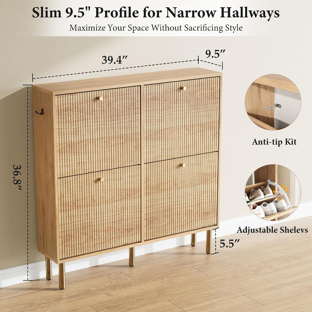 Shoe Storage Cabinet - Ultra Slim Shoe Cabinet with Tiered Fluted Design - Modern Shoe Organizer with Gold Legs