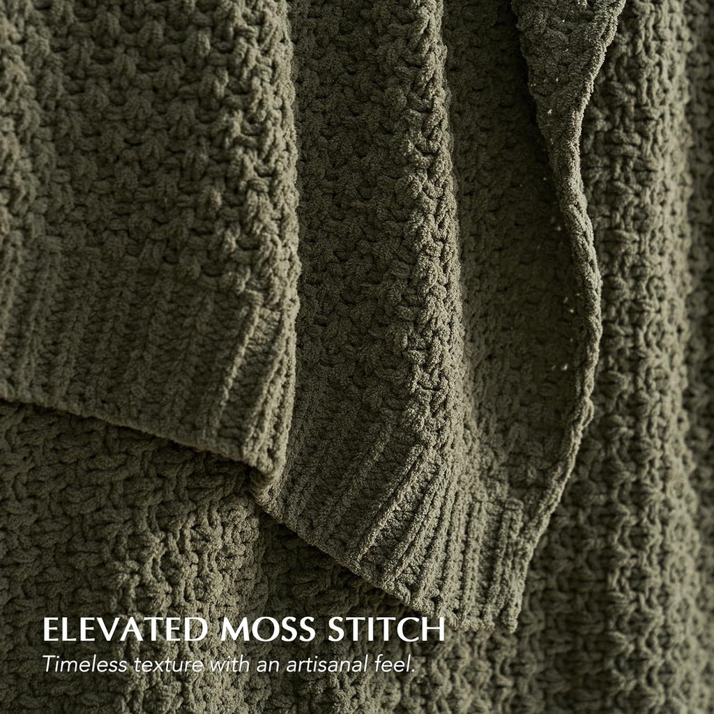 Chunky Chenille Knit Throw Blanket, Soft Luxurious Moss Stitch Chair Blankets, Cozy Decorative Farmhouse Knitted