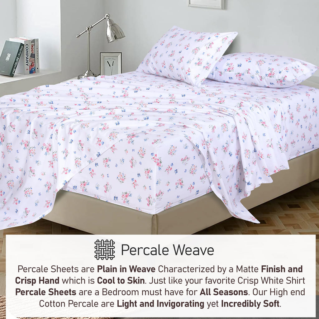 100% Cotton Split King Sheets, Percale Sheet Set, Funa Flora