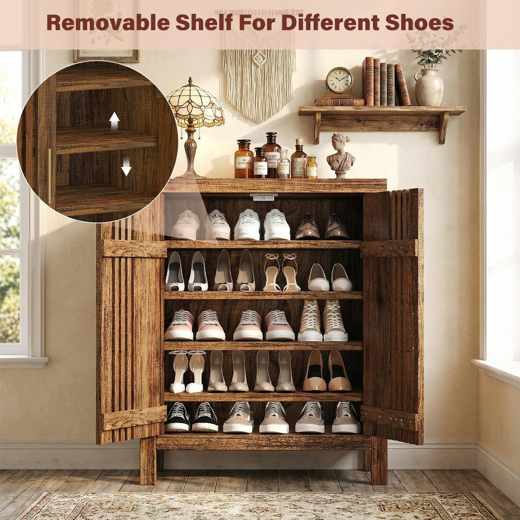 Shutter Doors 5-Tier Shoe Storage Cabinet with Adjustable Shelves, Wooden Entryway Cabinet Living Room, Freestanding