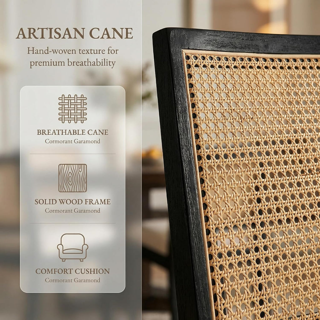 Farmhouse Rattan Dining Chairs Set of 4, Black Solid Hardwood Frame, Upholstered Linen Seat, Ergonomic Cane Back