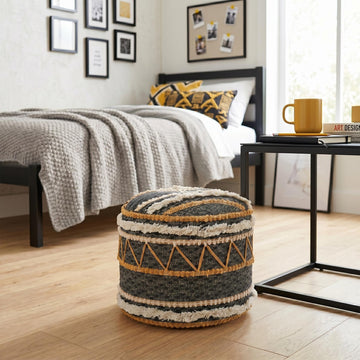 LR Home Black/Tan Coastal Striped Hand-Woven Cotton Ottoman Pouf, 18" D x 14" H
