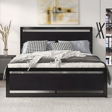 Queen Bed Frame with Modern Headboard, Heavy Duty Platform Metal Base with Square Footboard and 13 Strong Slats