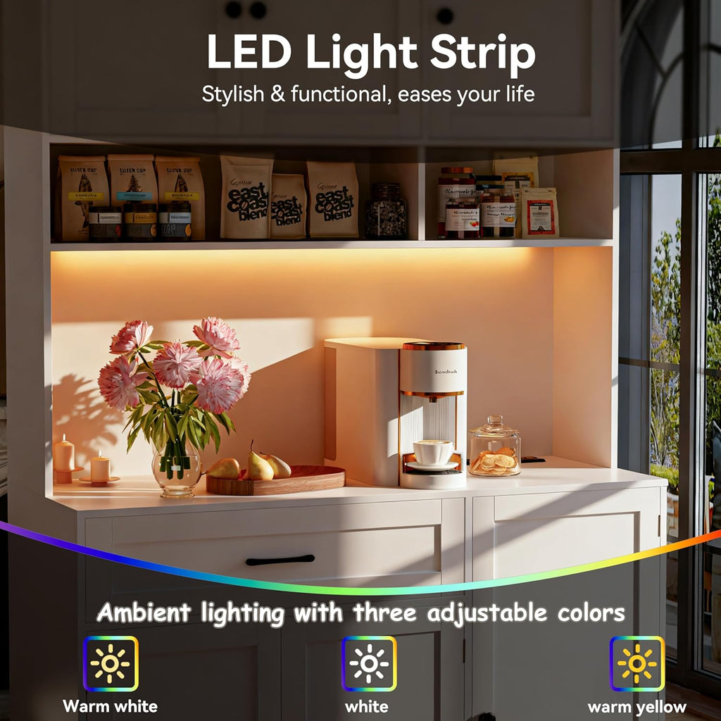 72" Kitchen Pantry Cabinet with LED Light and Charging Station Tall Pantry Storage Cabinet with Adjustable Shelves