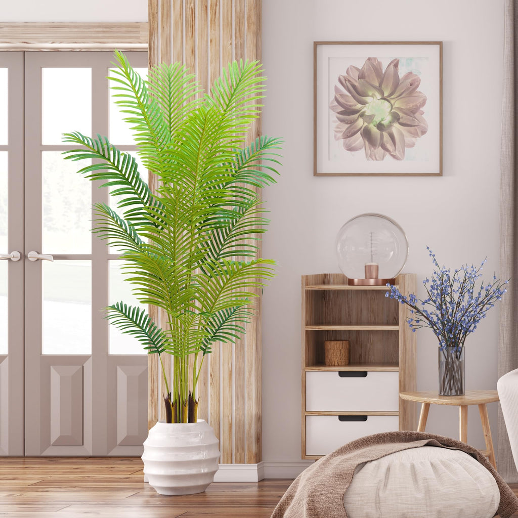 6FT Artificial Palm Tree Indoor with White Pot, Realistic Leaves, 15 Trunks Adjustable Branches, Tall Faux Fake Palm