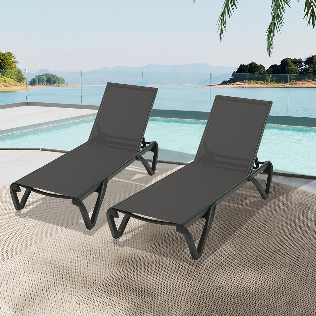 Pool Lounge Chairs Set of 2, Aluminum Patio Chaise Lounge with Wheels, 5 Position Adjustable, All Weather Outdoor