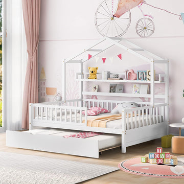 & Bright Designs Wooden Full Size House Bed with Twin Size Trundle,Kids Bed with Shelf, White(Full, White+Trundle)