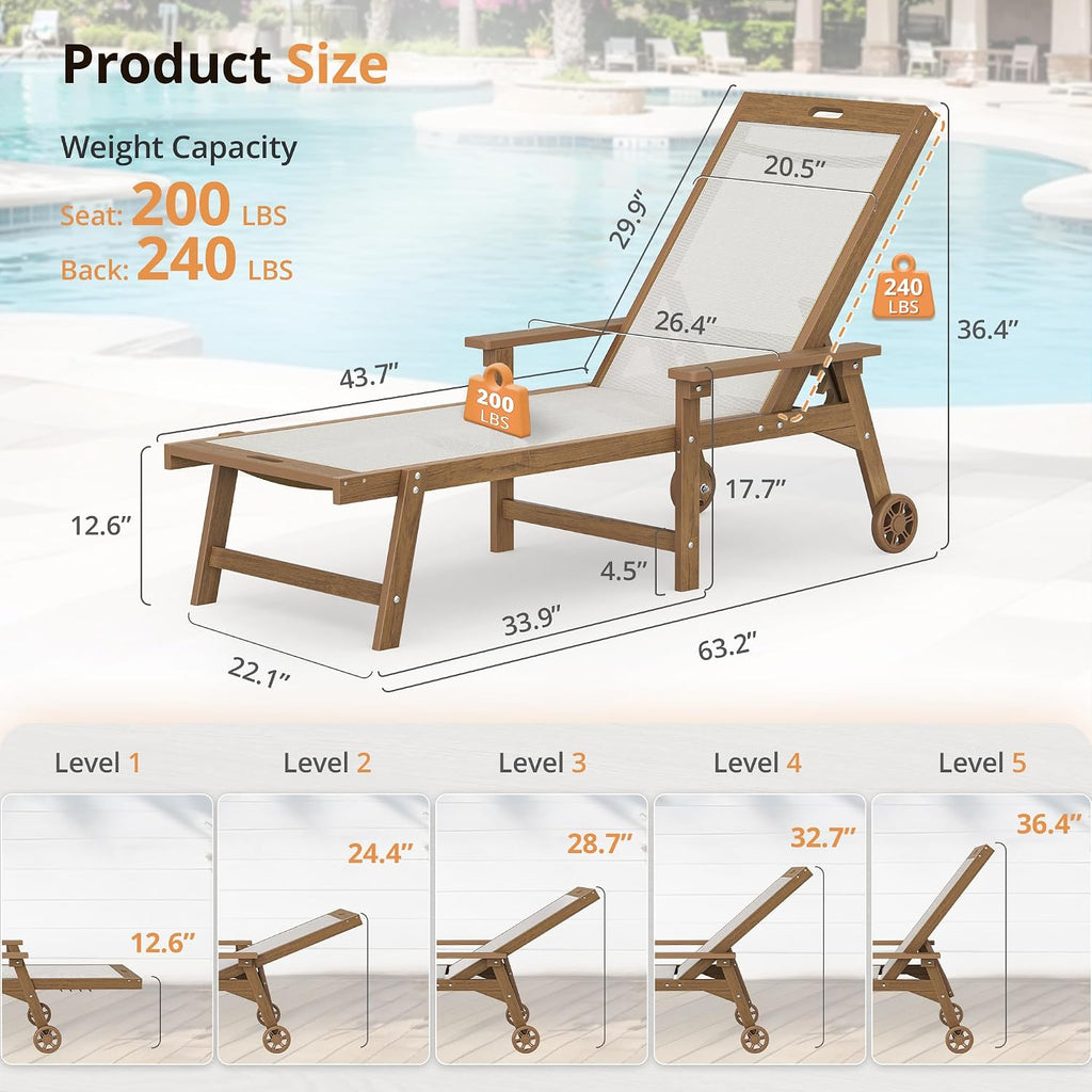 Lounge Chair Outdoor Set of 2,HDPS & HDPE Wicker Adjustable Chaise | 5-position Adjustable back, armrest, wheels, all