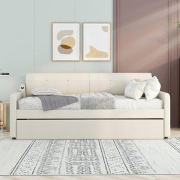 Twin Size Upholstered Daybed with Trundle and USB Charging Port, Pop-Up Trundle Flat or Elevated, Woven Fabric Day