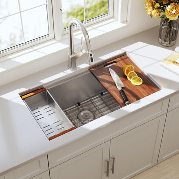 32 Inch Workstation Undermount Handmade Single Bowl Kitchen Sink | 304 Stainless Steel, 16 Gauge Thickness, Ledge for